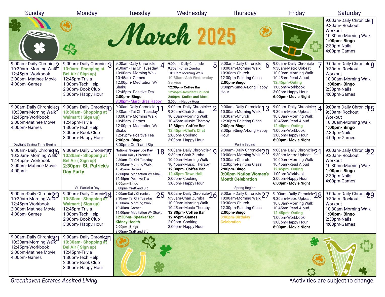 Assisted Living Event Calendar